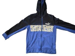 Puma  BLACK/GREY/ BLUE HOODIE US L (14-16) Boys Zip Up Puma Logo Grey Design
